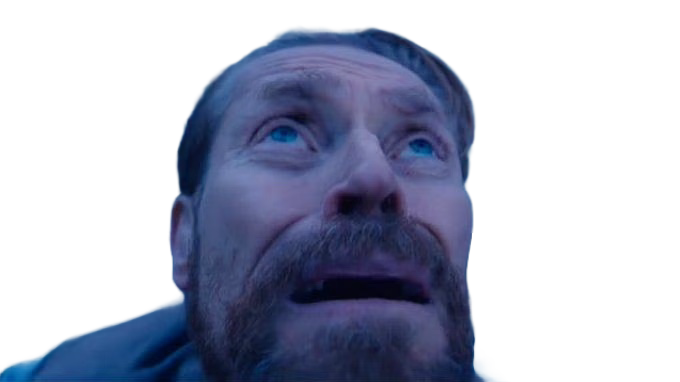 Willem Dafoe looking up toward the clouds