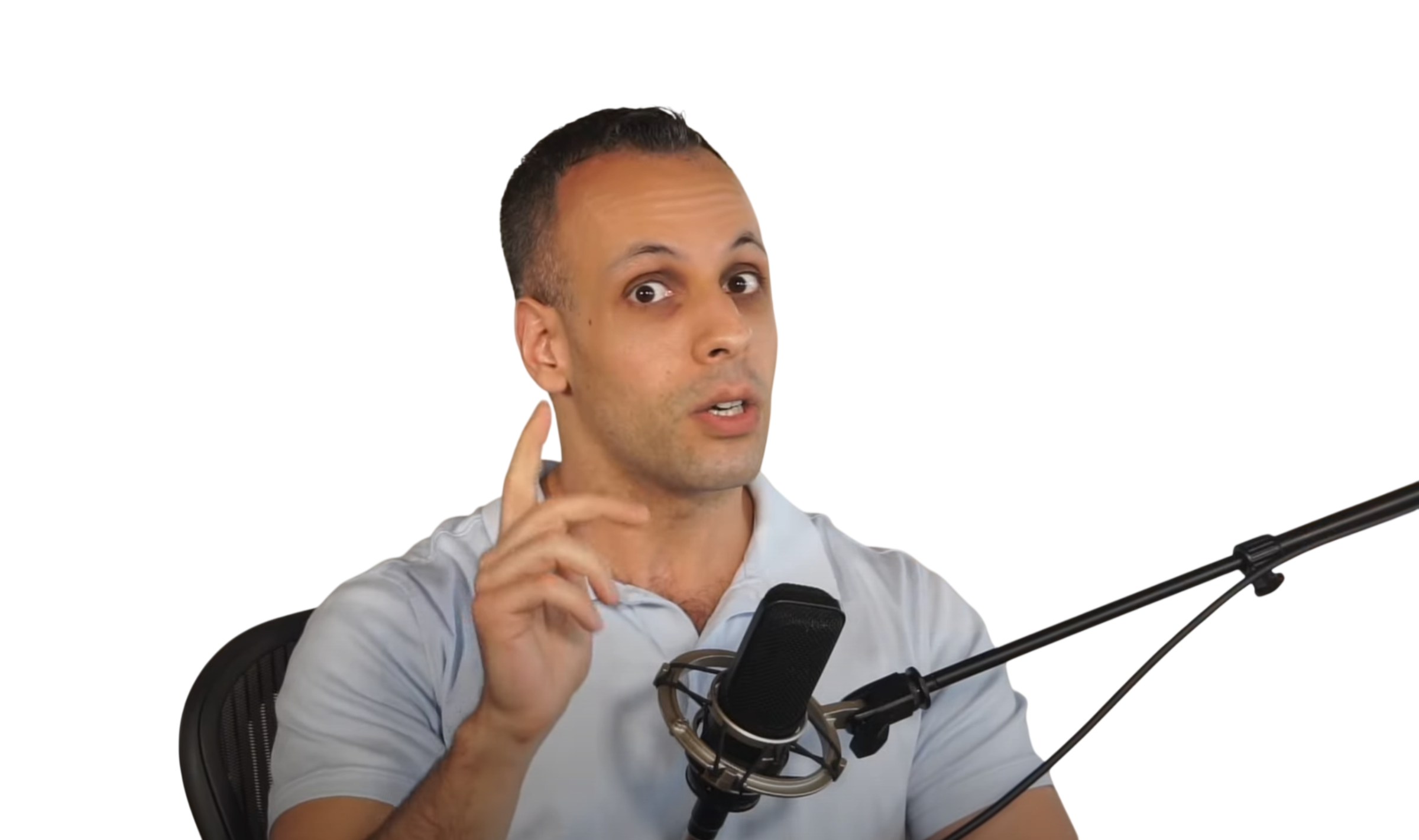 Louis Rossmann raising a finger beside his microphone